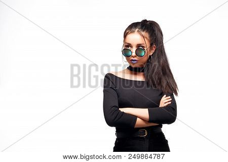 Portrait Of Cool Crazy Brunette Fashionable Girl In Sunglasses, Casual Hairdo On White Background. W