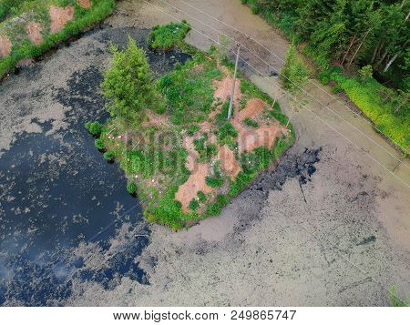 Aerial View On Swamp Area With Island, Trees And Duckweed.