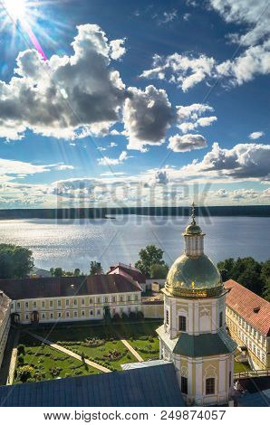 View From The Bell Tower Towards The Gate Church Of The St. Apostles Peter And Paul In The Nilov Mon