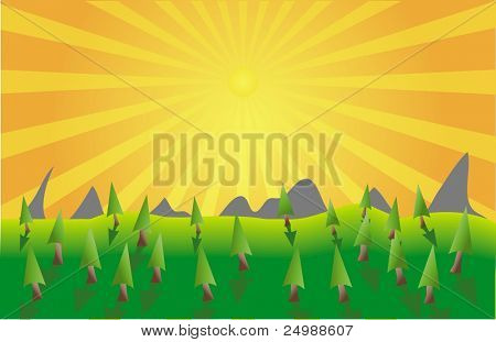 Zonnige landschap met dennenbossen - vector
