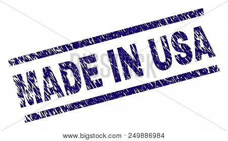 Made In Usa Stamp Seal Watermark With Scratced Style. Blue Vector Rubber Print Of Made In Usa Tag Wi