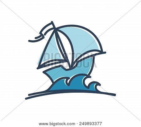 Cartoon Sail Ship. Boat With Sails Vector Icon.