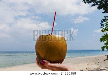 Fresh Coconut Cocktail In Hand On Turquoise Sea Background, Travel Card, With Crooked Horizon Line. 