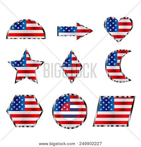 America Usa United States Of America Flag Desain Flat Set