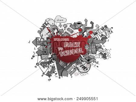 Concept Of Education. School Background With Hand Drawn School Supplies And Comic Speech Bubble With