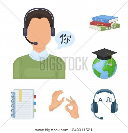 Translator And Linguist Cartoon Icons In Set Collection For Design. Interpreter Vector Symbol Stock 