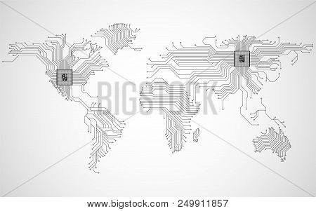 Abstract World Map With Cpu. Circuit Board. Technology Background
