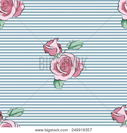Rose Flower On Blue White Strips Pattern