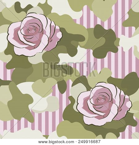 Rose Flower On Hakki Camouflage And Strips Pattern