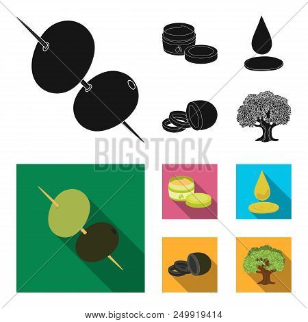 Olives On Skewers. A Piece Of Black Olives, A Jar Of Cream, A Drop Of Oil.olives Set Collection Icon