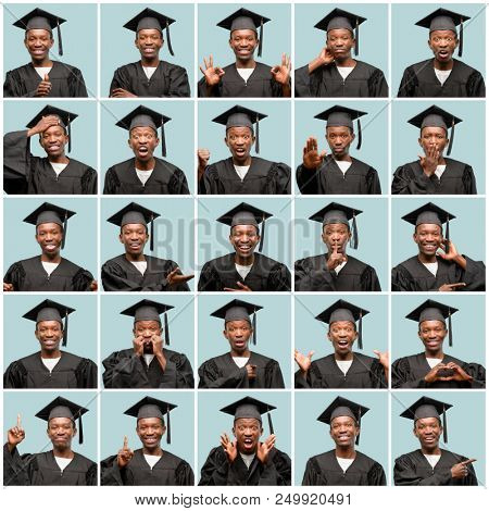 Young african american man wearing graduation cap very happy doing gesture with face and hands. Composition.