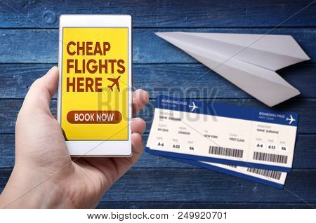 Cheap Airline Flights Online Mobile App. Imaginary Low Cost Carrier Application On Mobile Device. Bo