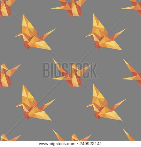 Stork Crane Fire In Origami Low-polygonal Seamless Pattern