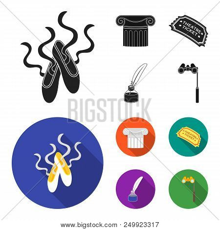 Pointe Shoes, Column, Theater Ticket, Inkwell With Feather. Theater Set Collection Icons In Black, F