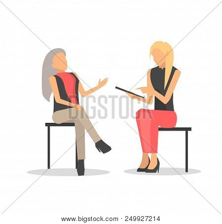 Closeup Of Two Women Discussing Something, One Is Taking Interview And Attentively Listens To Anothe