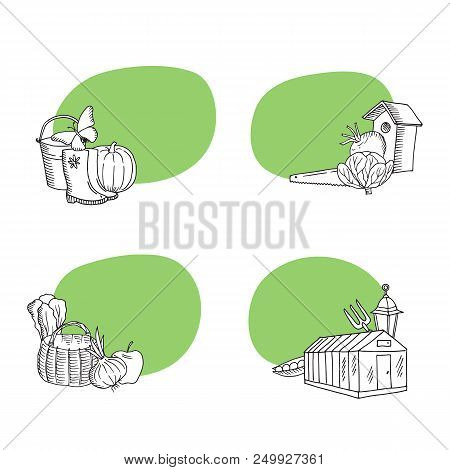 Vector Gardening Doodle Icons Stickers Set With Place For Text Illustration