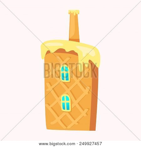 Sweet Home In Biscuit With Two Windows And Chimney Pipe Isolated On White. Fantasy Buillding In Gami