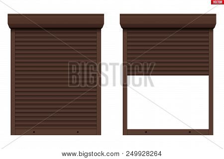 Set Of Roller Shutters Window. Closed And Opened Protect System Equipment. Brown Color. Vector Illus