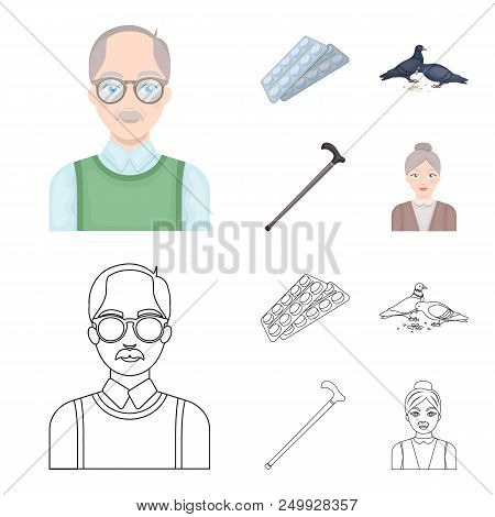 Elderly Men, Tablets, Pigeons, Walking Cane.old Age Set Collection Icons In Cartoon, Outline Style V