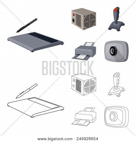 Power Unit, Dzhostik And Other Equipment. Personal Computer Set Collection Icons In Cartoon, Outline