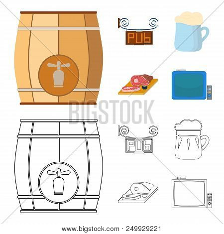 A Wooden Barrel With A Faucet, A Pub Sign, A Mug Of Beer, Pieces Of Meat On A Board.pub Set Collecti