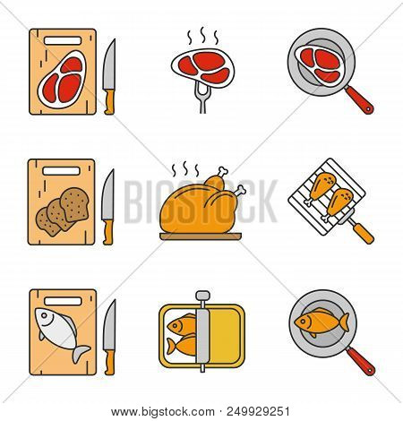 Food Preparation Color Icons Set. Cutting Boards With Bread, Meat And Fish, Frying Salmon And Meat S