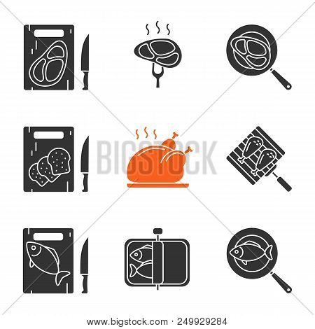 Food Preparation Glyph Icons Set. Cutting Boards With Bread, Meat And Fish, Frying Salmon And Meat S