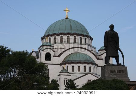 Belgrade,serbia: May 2, 2018 - Karadjordje Statue And Sv Sava Tample In Belgrade - Serbia