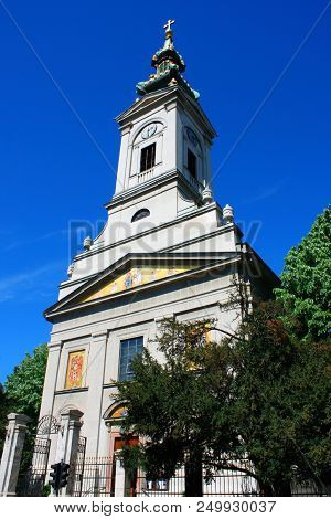 'saborna' Orthodox Church In Belgrade Next Kalemegdan Fort And Blue Sky Over.