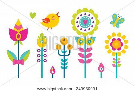 Flowers Set Bird And Butterfly, Collection Of Florets In Bloom And Creature Flying Around It, Heart 
