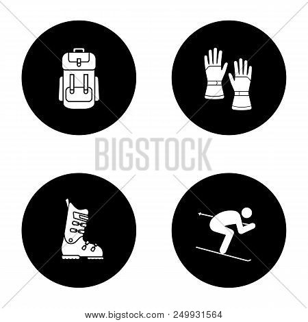 Winter Activities Glyph Icons Set. Backpack, Skiing Gloves And Boots, Skier. Vector White Silhouette