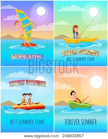 Summertime Lovely Summer, Collection Of Posters With Titles And Windsurfing, Boating And Banana Boat
