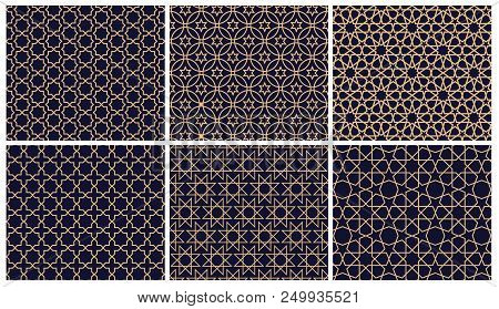 Set Of 6 Arabic Patterns Background. Geometric Seamless Muslim Ornament Backdrop. Vector Illustratio