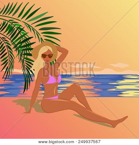 Tan Girl Dressed In A Pink Bikini Sits On The Beach Of The Sea And Looks At The Sunset Eps 8