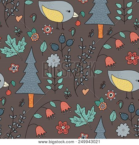Seamless Vector Forest Pattern With Cute Color Illustrations. Cutr Little In The Magic Forest