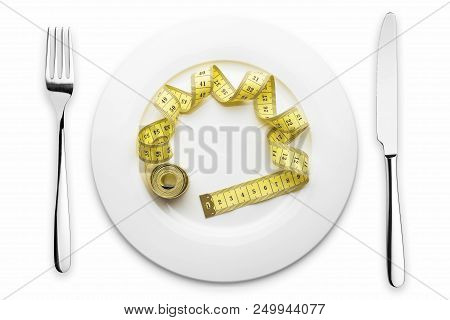 Diet Concept, Measuring Tape Looks Like Pasta Put On Fork, On White Background, Losing Weight