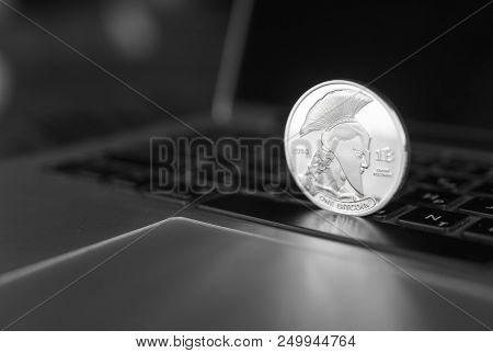 Titan Bitcoin Coin Symbol On Laptop. Concept Financial Currency, Crypto Currency Sign. Blockchain Mi