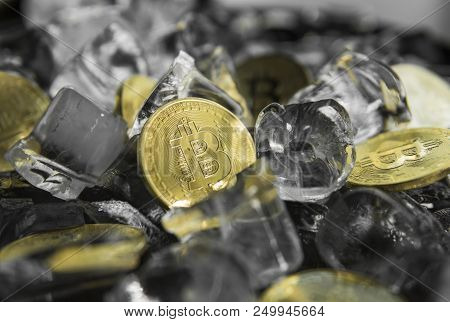 Golded Bitcoins On Ice Background. The Concept Of The Exchange In Winter. Freeze. Blockchain Mining.