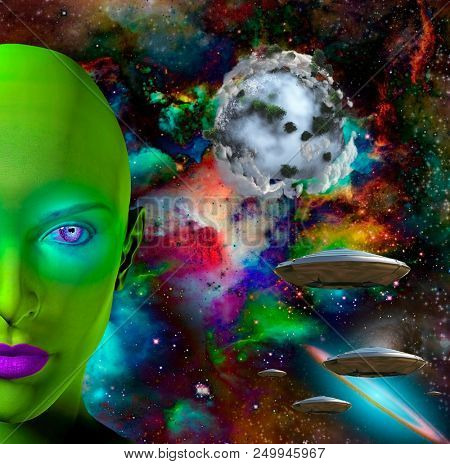 The face of female alien. Flying saucers in colorful universe and abstract exoplanet on a background. 3D rendering