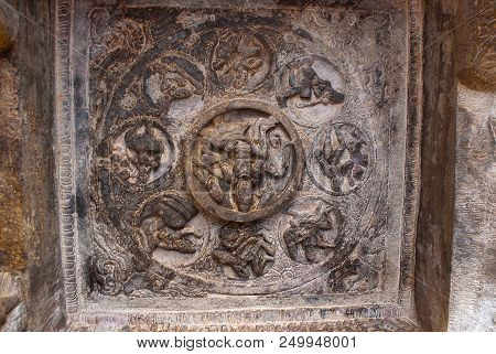 Cave 3 : Fresco Paintings On The Ceiling, Lord Indra, Badami Caves, Karnataka