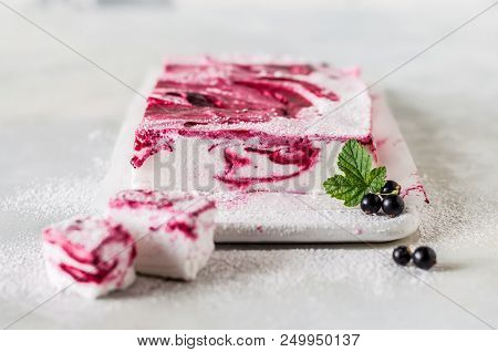 Sliced Homemade Blackcurrant Swirl Marshmallow Iced With Sugar
