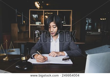 Advice And Justice Concept. Justice Scales, Justice Hammer And Litigation And Litigation Document, F