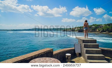 Aerial View Of Papakolea Green Sand Beach, Mahana Point Surf Place Young Woman In Broken Beach