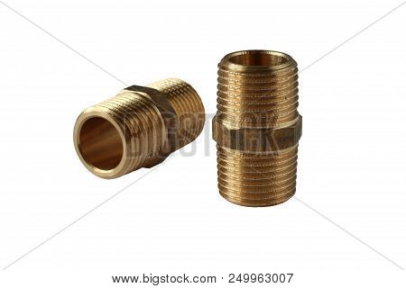 Hexagon Brass Threaded Nipples For Pipe, Isolated On White Background. Material - Nickel Plated Bras