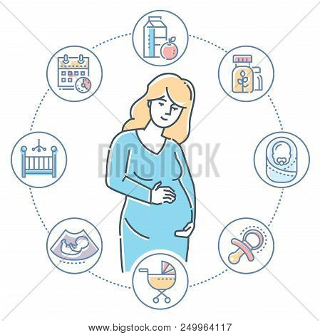 Pregnancy - Colorful Line Design Style Illustration On White Background. High Quality Composition Wi