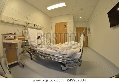 View of architecture of the Ostfold Regional Hospital. Interior. June 17,2018. Osfold Region, Norway
