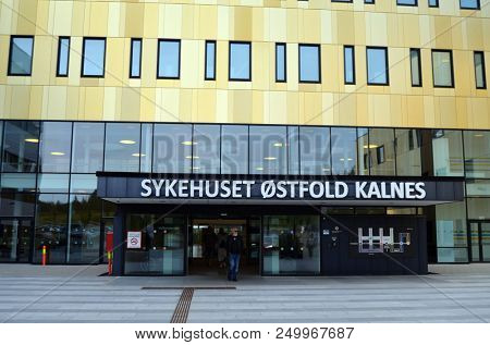 View of architecture of the Ostfold Regional Hospital. June 17,2018. Osfold Region, Norway