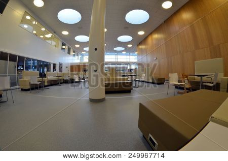 View of architecture of the Ostfold Regional Hospital. Interior. June 17,2018. Osfold Region, Norway