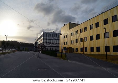 View of architecture of the Ostfold Regional Hospital. June 17,2018. Osfold Region, Norway