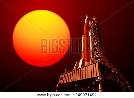 Space Launch System On Launchpad And Red Sun. 3d Illustration.